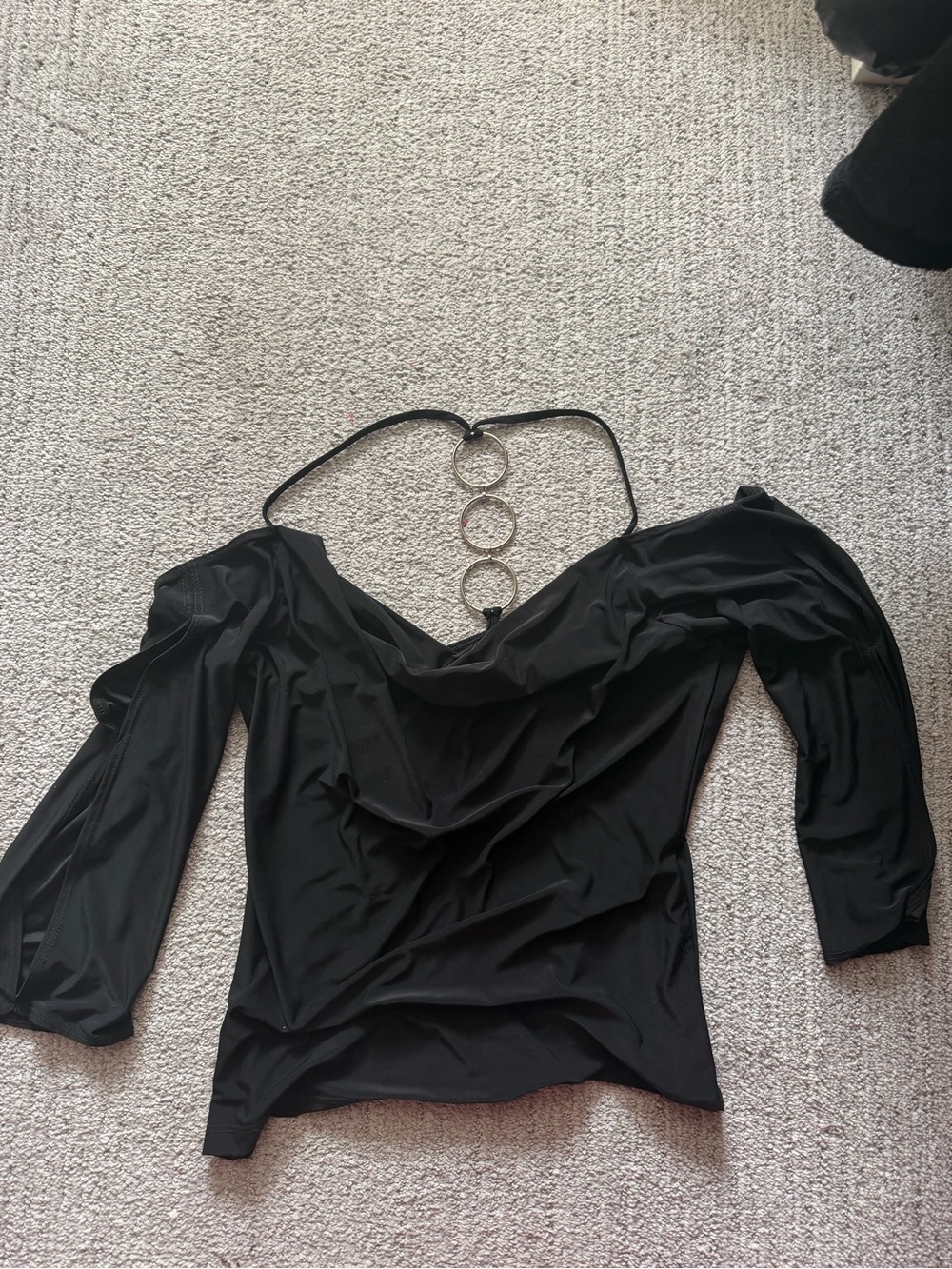 Black Off-Shoulder Long Sleeve Top with Ring Halter Detail